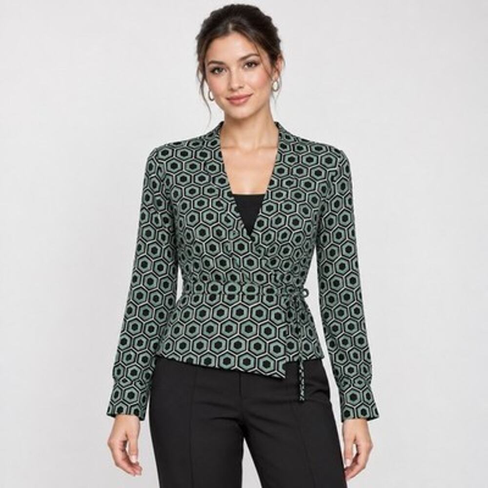 INC International Concepts Wrap Top Large Green Geometric Chiffon Sheer Sleeves
